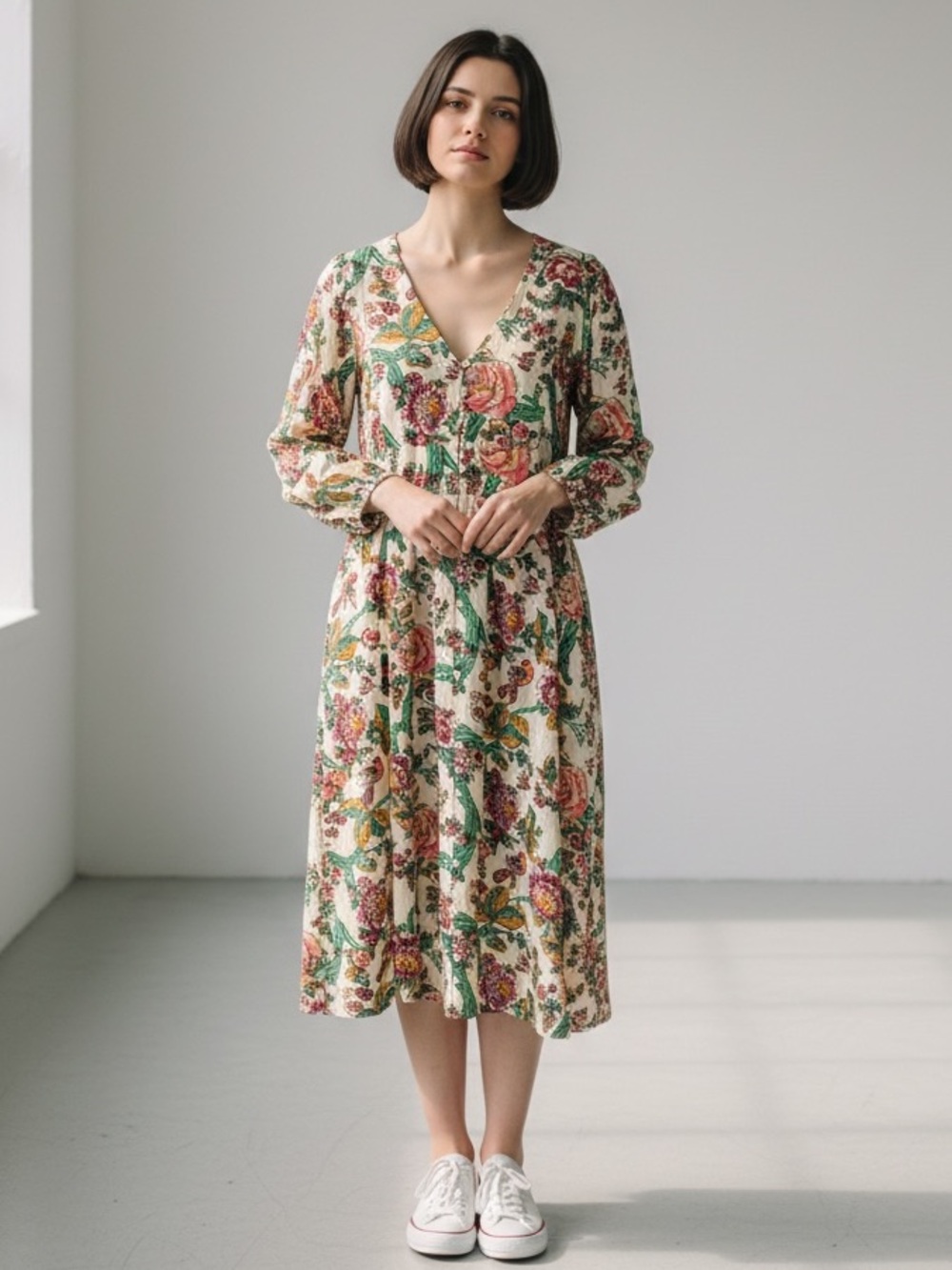 Figue Malina Belted Metallic Birds Floral Paradise Printed Midi Dress $625 Small